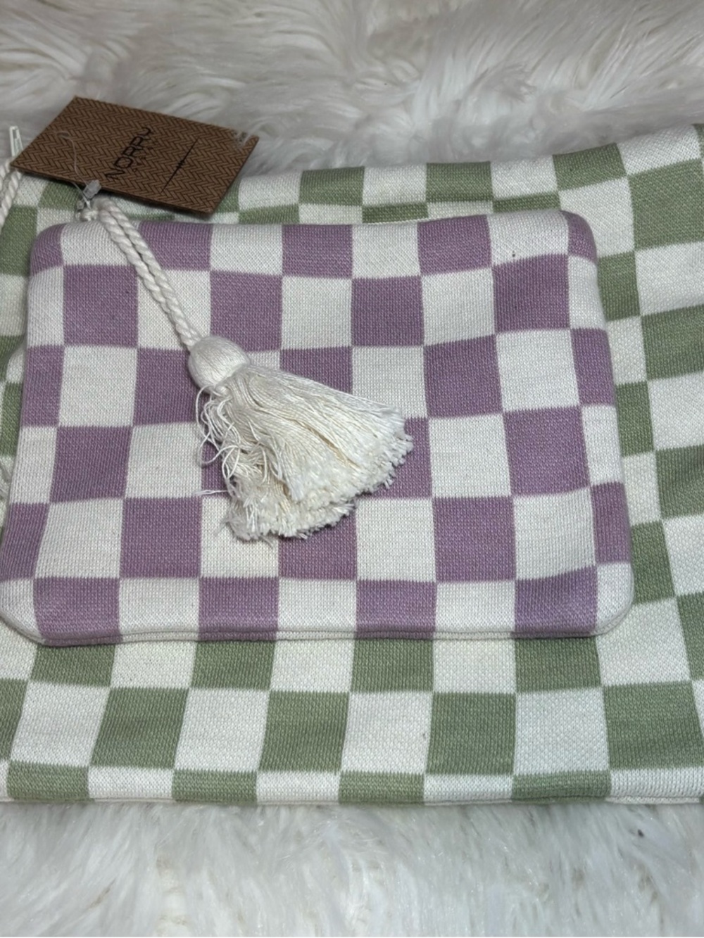 Checkered Cosmetic Pouch Set in Sage Green & Lavender Indian Artisans Unique - Picture 2 of 15